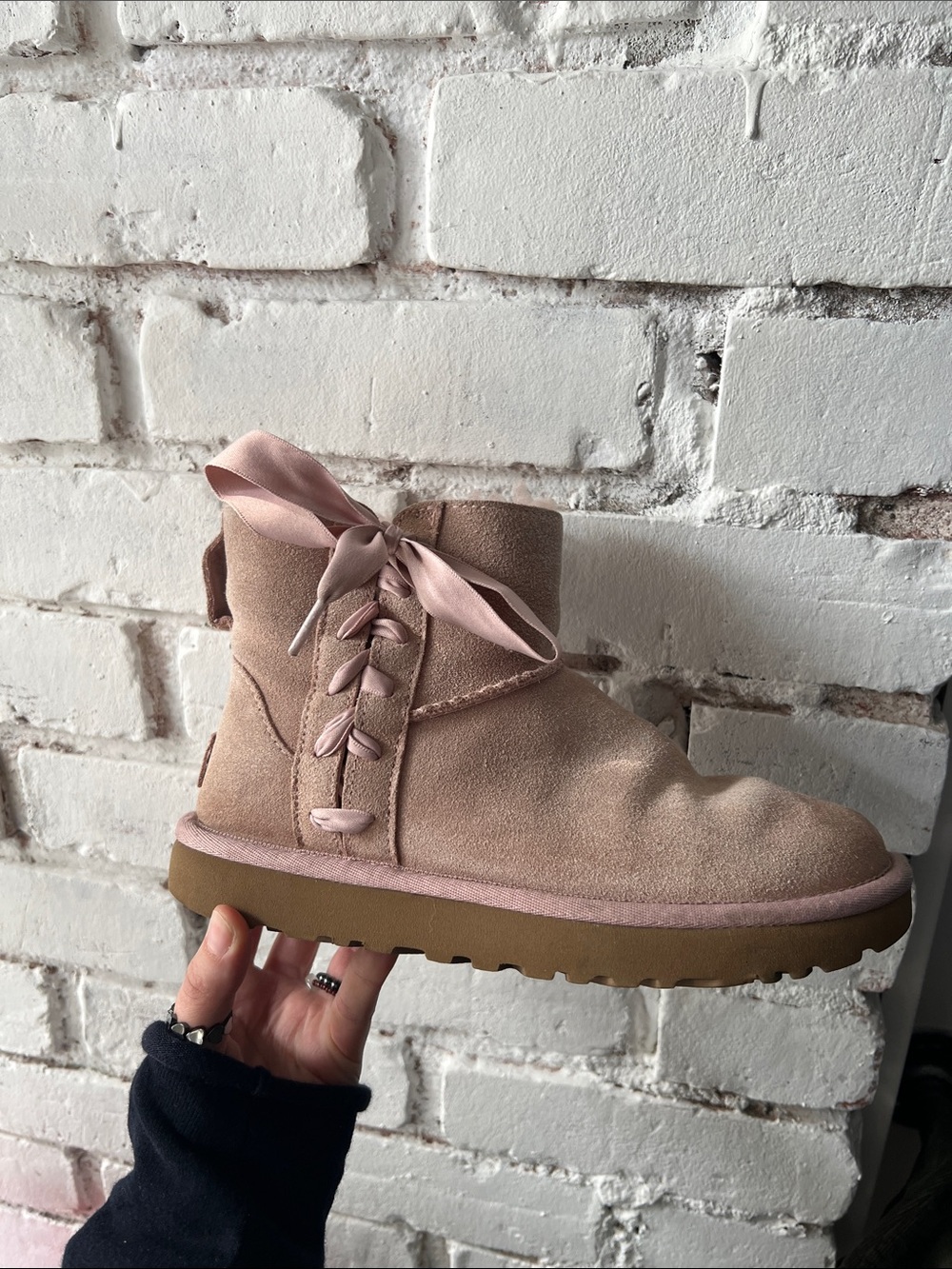 UGG Blush Pink Suede Short Boot with Ribbon Laces